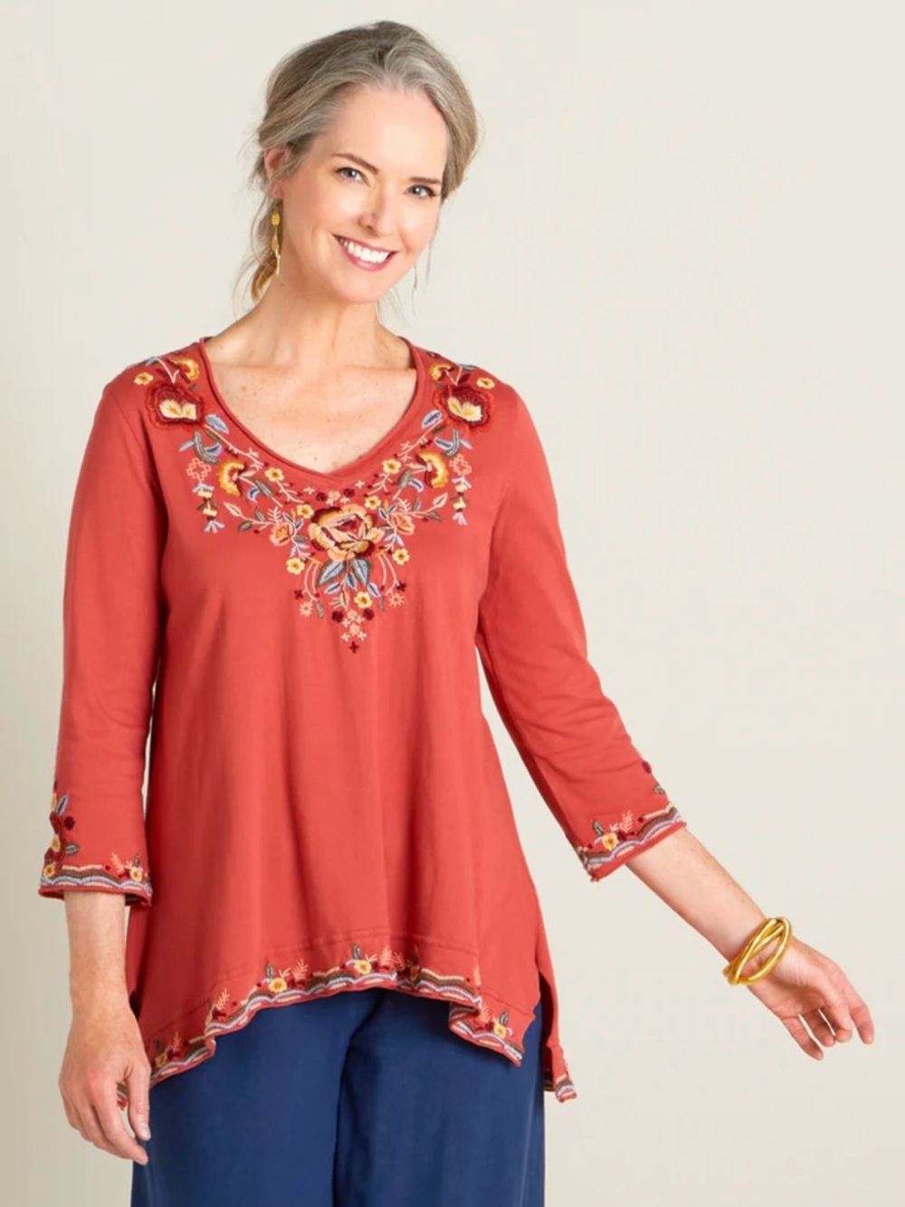 Anthropologie Caite  Women's Tunic Top
Embroidered Cotton Orange Boho
Size XS